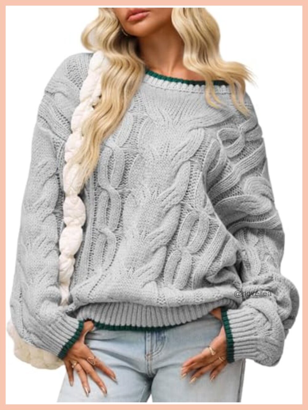 Womens Oversized Cable Knit Crewneck Pullover Sweater